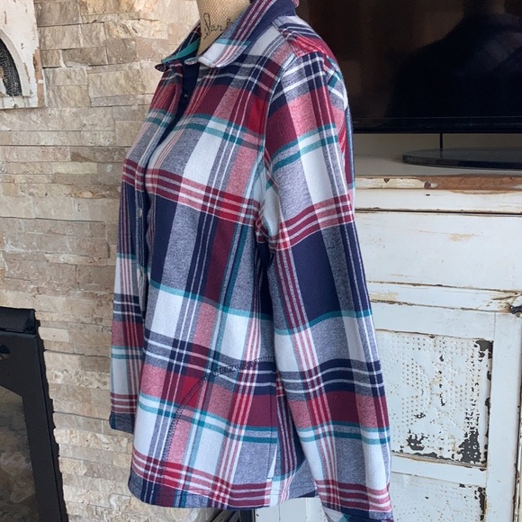 Orvis long sleeve snap closure fleece lined navy red white green shacket flannel - Picture 7 of 15